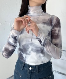 shirring mellow sheer tops/袖シャーリング タイダイ柄 メロウハイネックシアーインナートップス