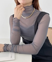shirring mellow sheer tops/袖シャーリング タイダイ柄 メロウハイネックシアーインナートップス