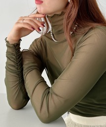 shirring mellow sheer tops/袖シャーリング タイダイ柄 メロウハイネックシアーインナートップス