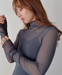 shirring mellow sheer tops/袖シャーリング タイダイ柄 メロウハイネックシアーインナートップス