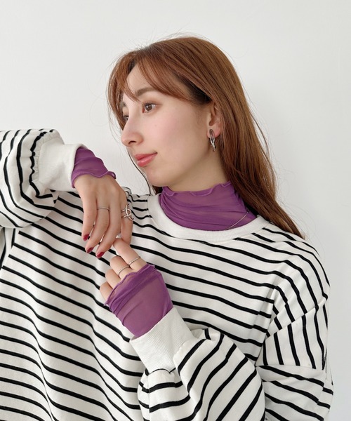 un+frame（アンフレーム）の「shirring mellow sheer tops／袖シャーリング タイダイ柄 メロウハイネックシアーインナートップス（Tシャツ/カットソー・レディース・グリーン/ピンク/モカ/オレンジ/ホワイト/カーキ/ライトグレー/アイボリー/ブラック/ダークブルー/ピンクベージュ/パープル系その他/パープル/グレー/ライトグリーン/ブラック系その他/ダークグレー/ネイビー・FREE）」の22枚目の写真