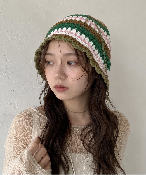 セール】【HIKA】カギ編み柄ボーダーニットHAT（ハット）｜HIKA（ヒカ