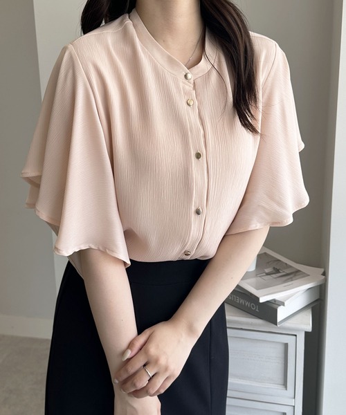 GeeRA（ジーラ）の「前後2WAYラッフルスリーブ楊柳バンドカラーブラウス（シャツ/ブラウス・レディース・ピンク/オフホワイト/ブラック/ホワイト×ブラック・MEDIUM/LARGE/X-LARGE/XX-LARGE）」の4枚目の写真