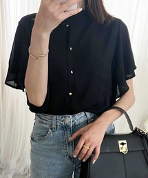 HER. ラッフルスリーブシャツ バンドカラーラッフルブラウス／9分袖／ウォッシャブル