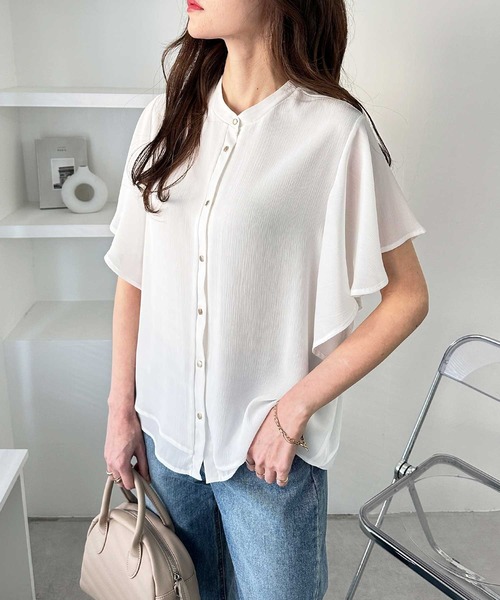 GeeRA（ジーラ）の「前後2WAYラッフルスリーブ楊柳バンドカラーブラウス（シャツ/ブラウス・レディース・ピンク/オフホワイト/ブラック/ホワイト×ブラック・MEDIUM/LARGE/X-LARGE/XX-LARGE）」の12枚目の写真