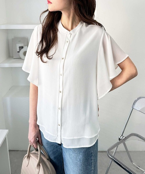 GeeRA（ジーラ）の「前後2WAYラッフルスリーブ楊柳バンドカラーブラウス（シャツ/ブラウス・レディース・ピンク/オフホワイト/ブラック/ホワイト×ブラック・MEDIUM/LARGE/X-LARGE/XX-LARGE）」の13枚目の写真