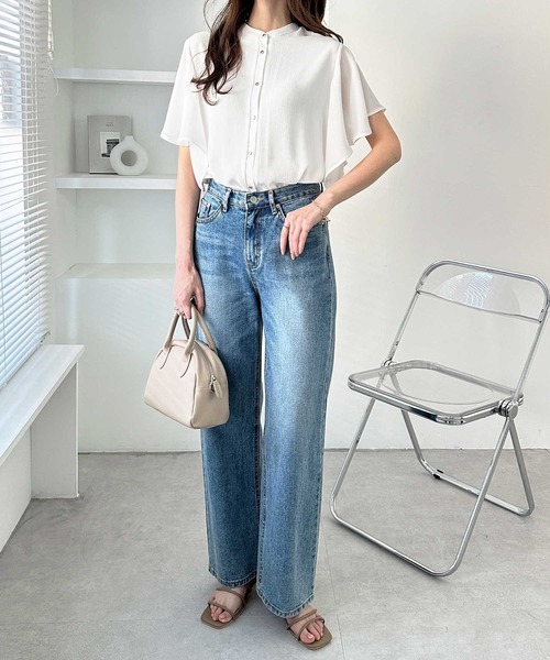 GeeRA（ジーラ）の「前後2WAYラッフルスリーブ楊柳バンドカラーブラウス（シャツ/ブラウス・レディース・ピンク/オフホワイト/ブラック/ホワイト×ブラック・MEDIUM/LARGE/X-LARGE/XX-LARGE）」の10枚目の写真