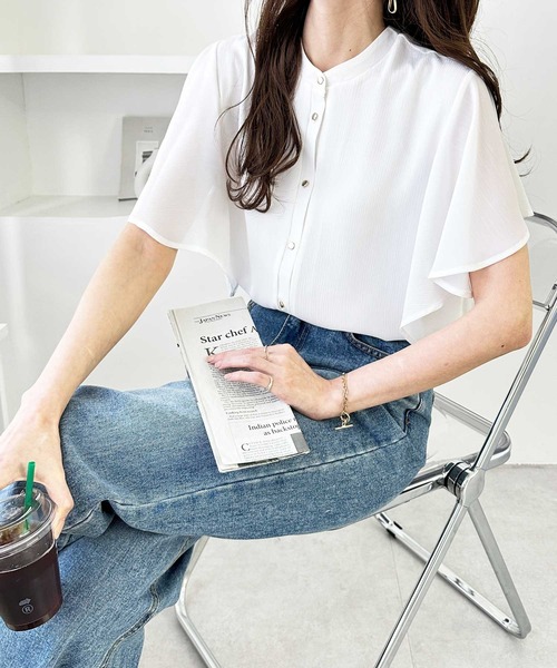 GeeRA（ジーラ）の「前後2WAYラッフルスリーブ楊柳バンドカラーブラウス（シャツ/ブラウス・レディース・ピンク/オフホワイト/ブラック/ホワイト×ブラック・MEDIUM/LARGE/X-LARGE/XX-LARGE）」の14枚目の写真