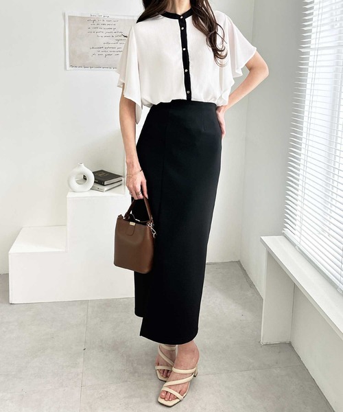 GeeRA（ジーラ）の「前後2WAYラッフルスリーブ楊柳バンドカラーブラウス（シャツ/ブラウス・レディース・ピンク/オフホワイト/ブラック/ホワイト×ブラック・MEDIUM/LARGE/X-LARGE/XX-LARGE）」の5枚目の写真