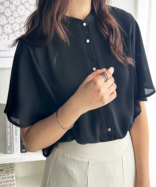 即購入ページ セール】前後2WAYラッフルスリーブ楊柳バンドカラーブラウス