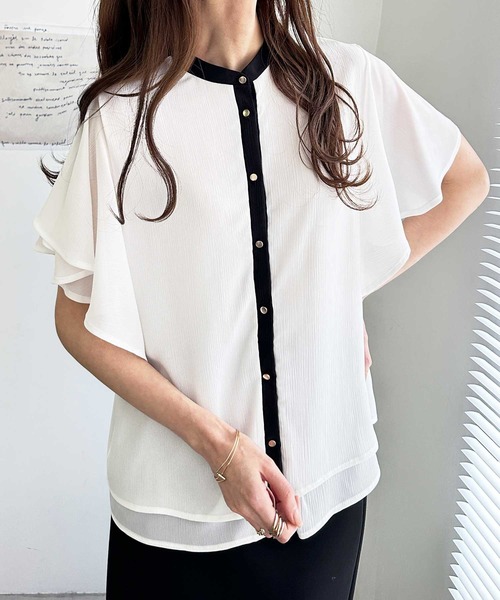 GeeRA（ジーラ）の「前後2WAYラッフルスリーブ楊柳バンドカラーブラウス（シャツ/ブラウス・レディース・ピンク/オフホワイト/ブラック/ホワイト×ブラック・MEDIUM/LARGE/X-LARGE/XX-LARGE）」の8枚目の写真