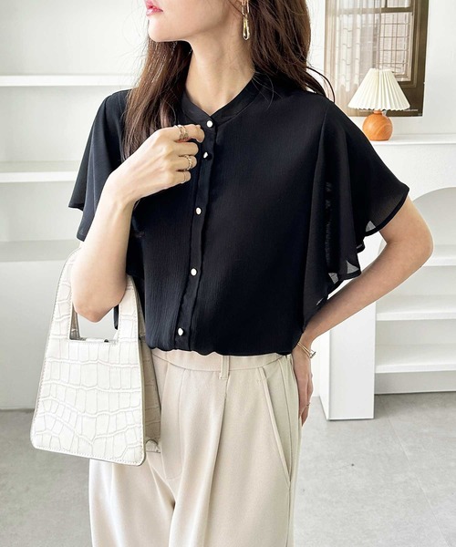 GeeRA（ジーラ）の「前後2WAYラッフルスリーブ楊柳バンドカラーブラウス（シャツ/ブラウス・レディース・ピンク/オフホワイト/ブラック/ホワイト×ブラック・MEDIUM/LARGE/X-LARGE/XX-LARGE）」の21枚目の写真