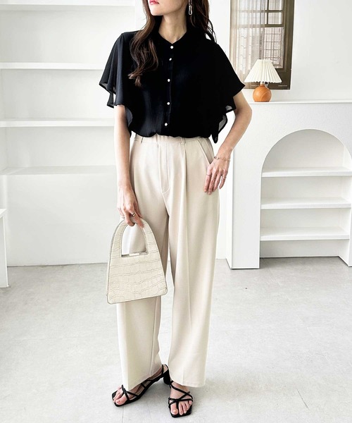 GeeRA（ジーラ）の「前後2WAYラッフルスリーブ楊柳バンドカラーブラウス（シャツ/ブラウス・レディース・ピンク/オフホワイト/ブラック/ホワイト×ブラック・MEDIUM/LARGE/X-LARGE/XX-LARGE）」の20枚目の写真