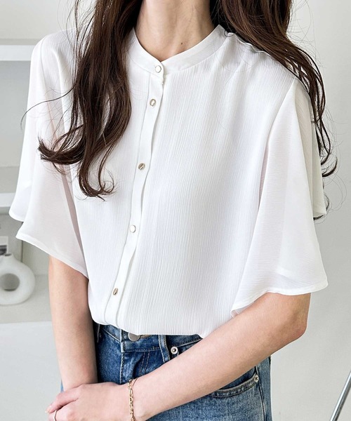 セール】前後2WAYラッフルスリーブ楊柳バンドカラーブラウス