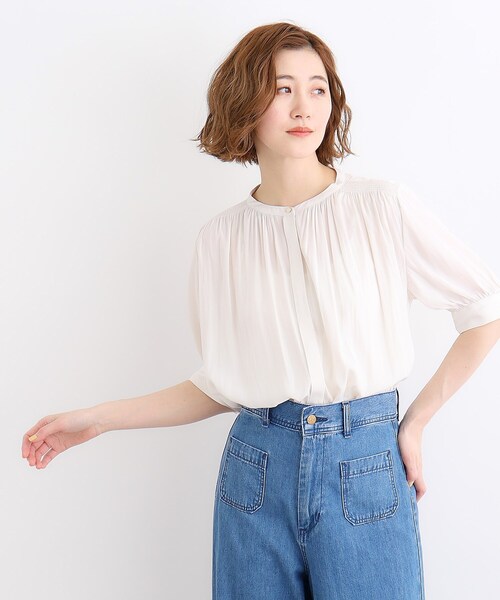 grove(グローブ)の「◆【洗える】ヴィンテージサテン五分袖ブラウス(シャツ/ブラウス・レディース・ピンク/ネイビー/グレー系/ホワイト系3/オフホワイト・03/02/01/04/05)」の2枚目の写真