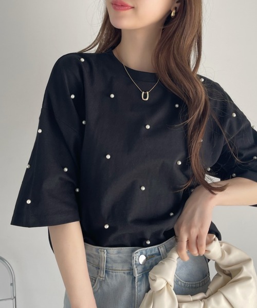Ada.(エイダ)の「パール付き 半袖 Tシャツ(Tシャツ/カットソー・レディース・ブラック/ライトベージュ/ブルー系その他/オートミール・FREE)」の17枚目の写真