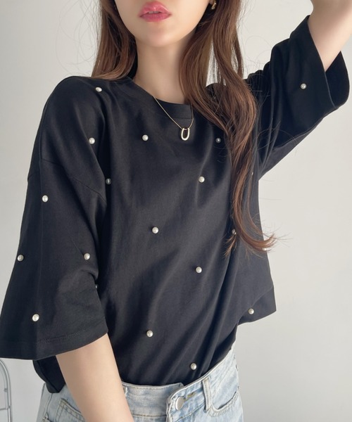 Ada.(エイダ)の「パール付き 半袖 Tシャツ(Tシャツ/カットソー・レディース・ブラック/ライトベージュ/ブルー系その他/オートミール・FREE)」の16枚目の写真