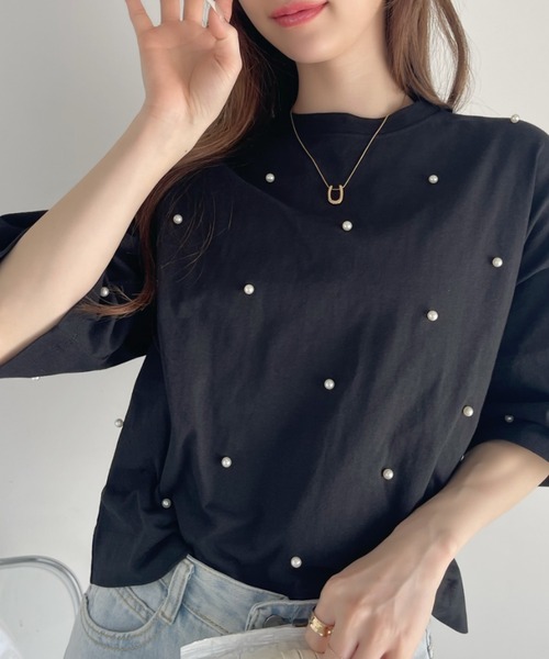 Ada.(エイダ)の「パール付き 半袖 Tシャツ(Tシャツ/カットソー・レディース・ブラック/ライトベージュ/ブルー系その他/オートミール・FREE)」の20枚目の写真
