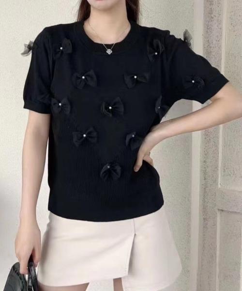 Achic(アシック)の「リボン半袖ニットプルオーバー(ニット/セーター・レディース・ブラック/ブルー/ホワイト/ピンク・M)」の14枚目の写真
