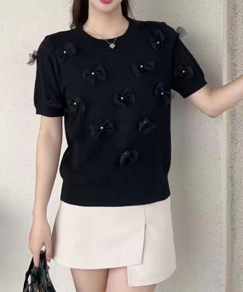 Achic(アシック)の「リボン半袖ニットプルオーバー(ニット/セーター・レディース・ブラック/ブルー/ホワイト/ピンク・M)」の15枚目の写真