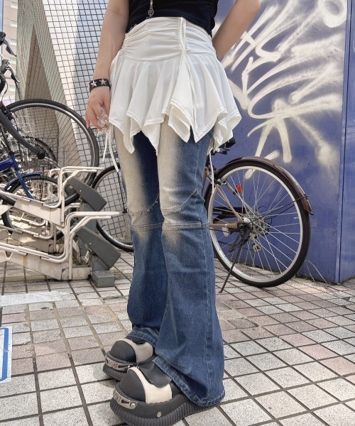 XU(エックスユー)の「ストリートファッション XU エックスユー shirring frill skirt シャーリングスカート フリルスカート ミニスカート ショート丈スカート リボンスカート バレエコア 韓国ファッション 韓国ストリート(スカート・レディース・ブラック/アイボリー・ONE SIZE)」の15枚目の写真