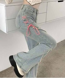 サイドレースアップ&フリンジデザイン デニムフレアパンツ