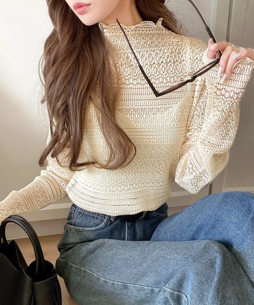 セール】華やかで品格のある大人トップス。レースメローハイネック