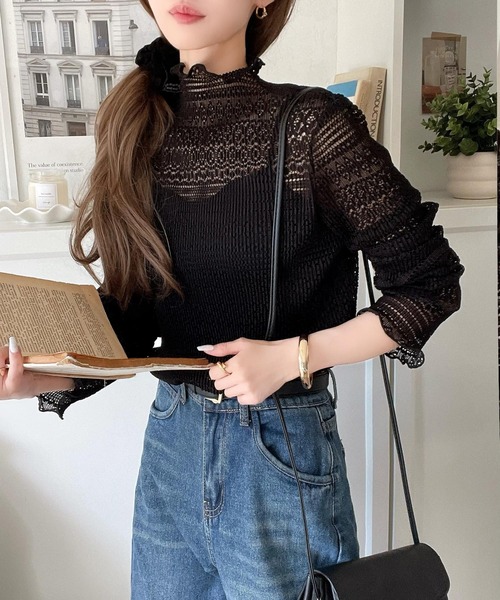 セール】華やかで品格のある大人トップス。レースメローハイネック