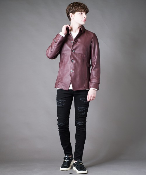 ヴィンテージ　ラムレザーコート　羊革　インナー花柄　総柄　ダブルボタン　美品 FLAG ON CREW コート 本革 レザーコート 羊本革 ラムレザー