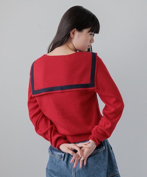 yuw（ユウ）の「コットンウールセーラーカーディガン 133921（カーディガン/ボレロ・レディース・ブラック/レッド・FREE）」の2枚目の写真