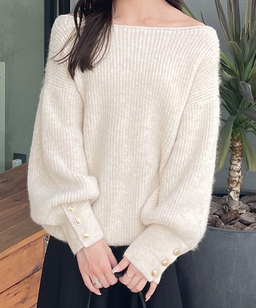 プリュス　ボタン装飾ニット 高レビュー/洗える/セットアップ可】 もちもちリブ切替 肩ボタンニット