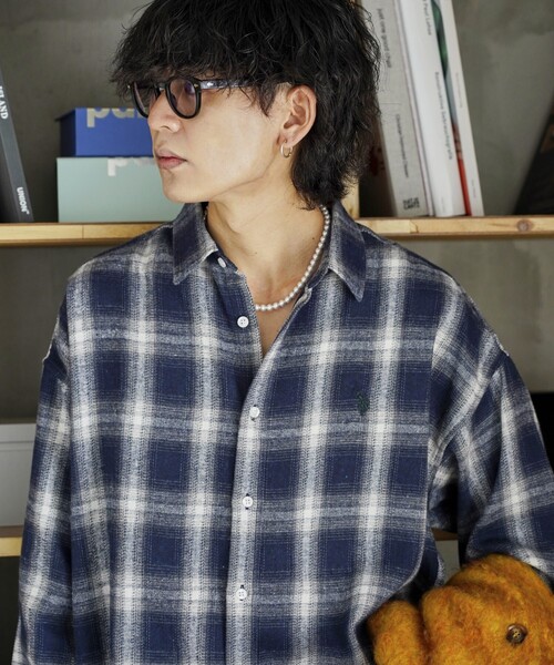 ラルフローレン　チェック　デニム襟　ワンポイント　ロゴ刺繍　ラガーシャツ　L ラルフローレンRalph Lauren ワンポイントポニー刺繍タータン