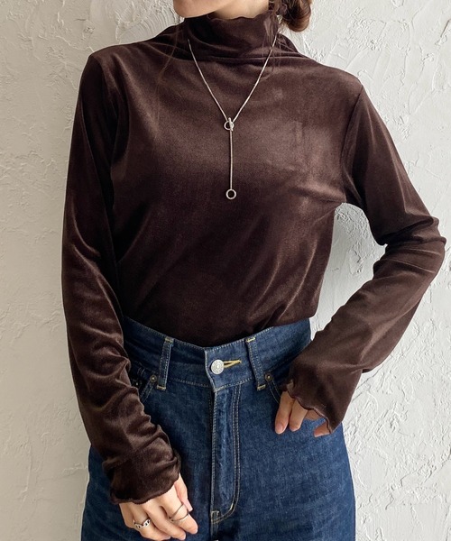 セール】長袖ハイネックシースルー/シアーベロアカットソーロンT