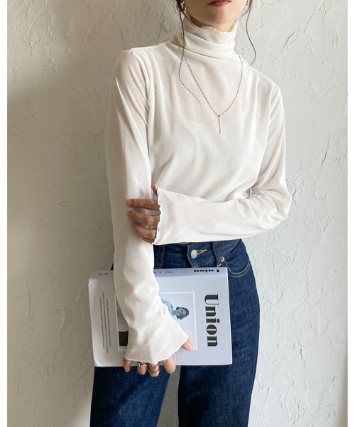 セール】長袖ハイネックシースルー/シアーベロアカットソーロンT