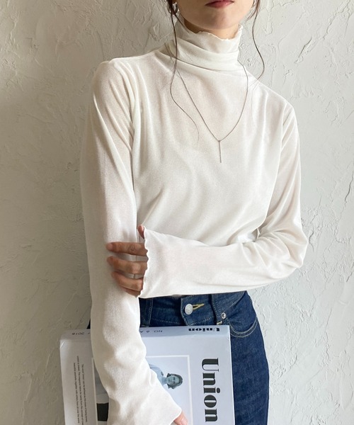 セール】長袖ハイネックシースルー/シアーベロアカットソーロンT