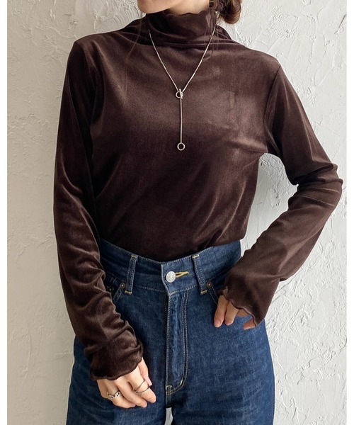 セール】長袖ハイネックシースルー/シアーベロアカットソーロンT