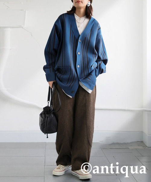 セール】ストライプ柄スポンジニットカーディガン（ニット/セーター