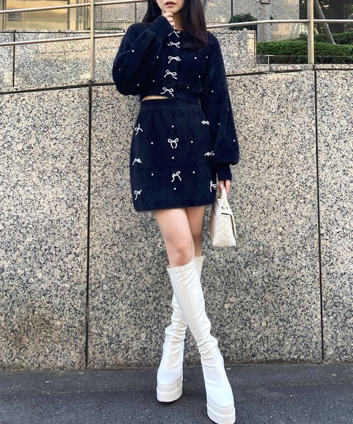 【セール】パールリボンシャギーニットミニスカート（スカート）｜ROYAL PARTY（ロイヤルパーティー）