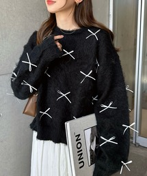 配色リボン袖ボリュームシャギーニットトップス