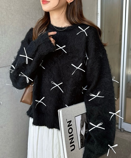 セール】配色リボン袖ボリュームシャギーニットトップス（ニット