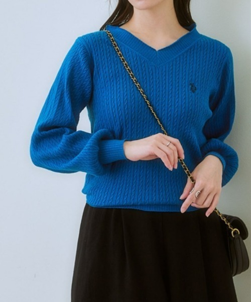 U.S. POLO ASSN.】ケーブル編ボリューム袖Vネックニット（ニット