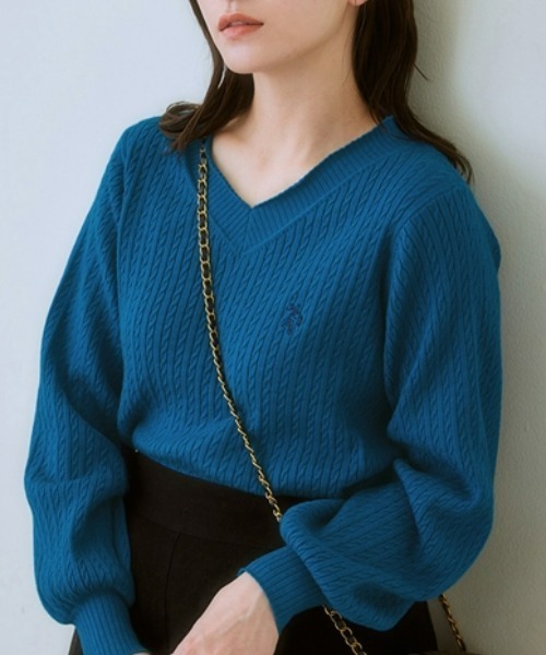 WITH YOU POLO TOPS ブルー U.S. POLO ASSN.】ケーブル編ボリューム袖Vネックニット（ニット