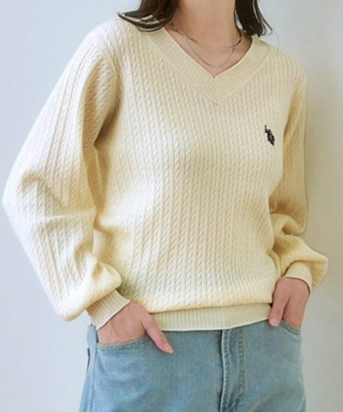 ニット セーター レディース U.S. POLO ASSN. ケーブル編ボリューム袖 Vネック 冬 S/M/L/LL ニッセン nissen U.S. POLO ASSN.】ケーブル編ボリューム袖Vネックニット 通販