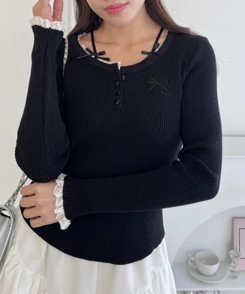 セール】【5色展開】リボン刺繍レーストリムリブトップス（Tシャツ