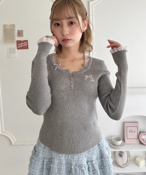 セール】【5色展開】リボン刺繍レーストリムリブトップス（Tシャツ