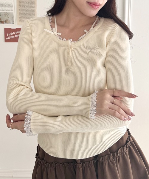 tシャツ 「ZOZO限定」Uネック レースアップ リボン トップス カットソー レディース ZOZO限定】Uネック レースアップ リボン トップス カットソー（T