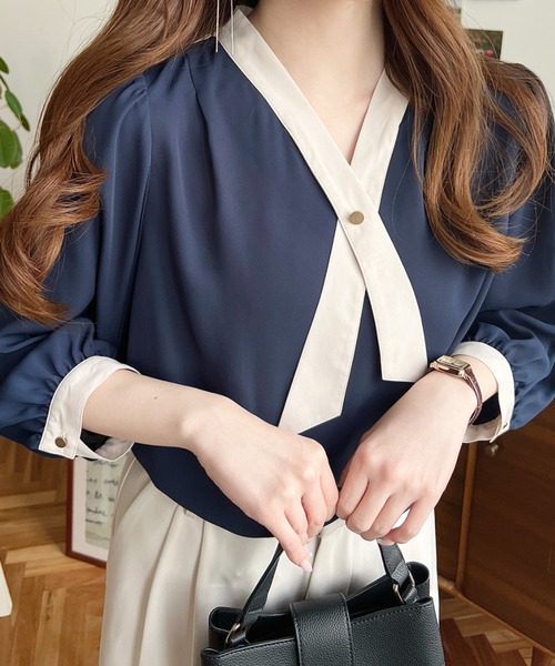 セール】シフォンジョーゼットクロスボウタイ風ブラウス（シャツ