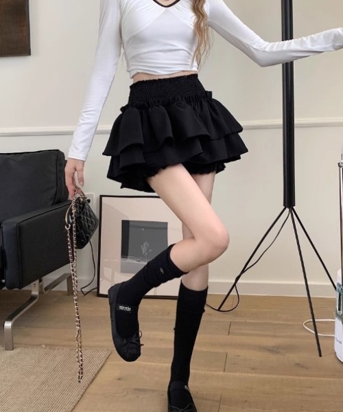 Glowny ブラックミニスカート フリル付き ミニスカート フリル 黒[品番：JSFW0013104]｜JS FASHION