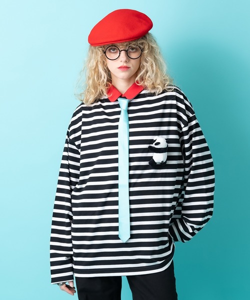 ankoROCK（アンコロック）の「TEDDY ankoROCK ボーダーボートネックカットソー / メンズ レディース ユニセックス 長袖 ロングT シャツ 柄 ルーズシルエット ワンポイント（Tシャツ/カットソー・メンズ・ネイビー/ブラック・L/M/S）」の4枚目の写真