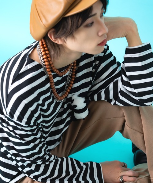 ankoROCK（アンコロック）の「TEDDY ankoROCK ボーダーボートネックカットソー / メンズ レディース ユニセックス 長袖 ロングT シャツ 柄 ルーズシルエット ワンポイント（Tシャツ/カットソー・メンズ・ネイビー/ブラック・L/M/S）」の7枚目の写真